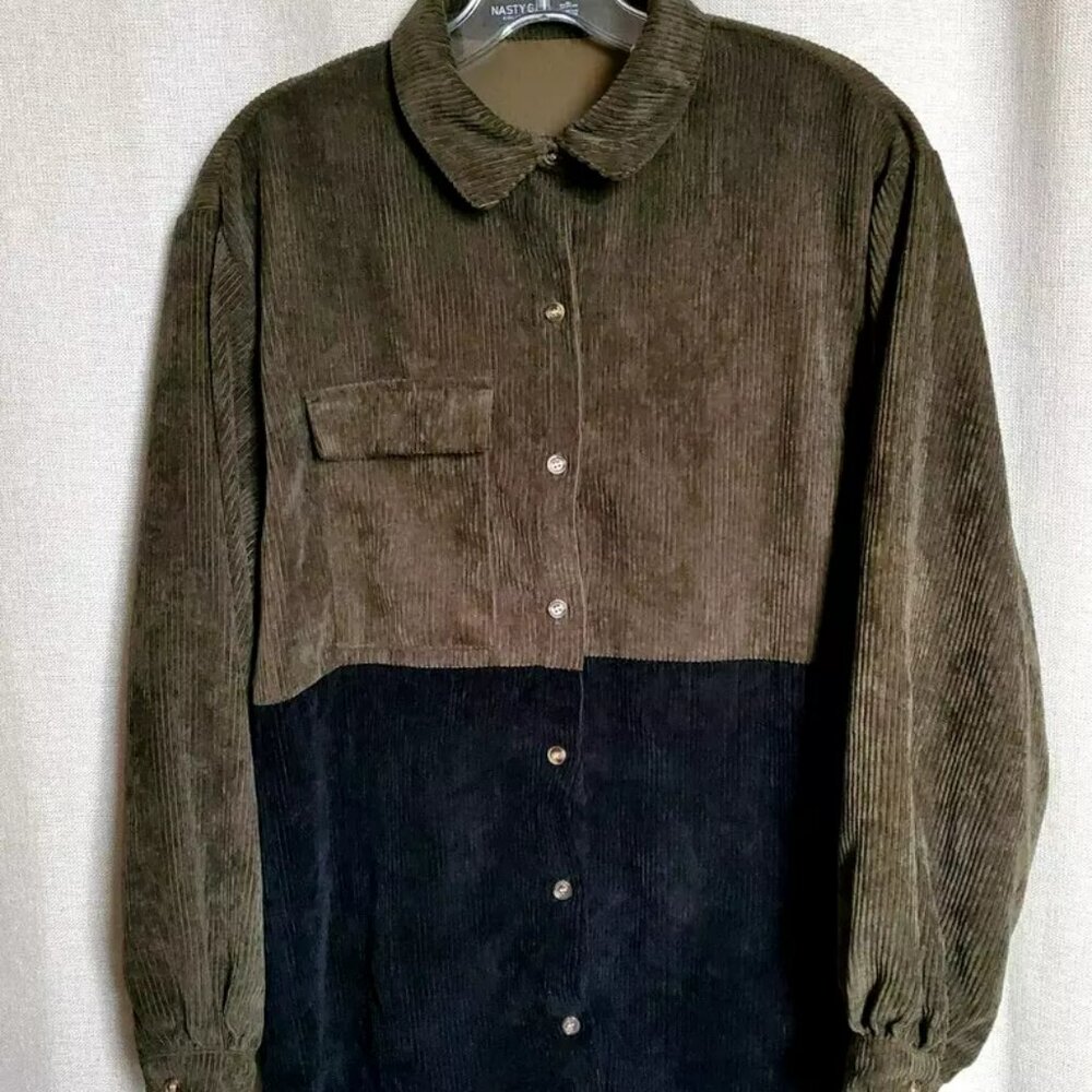 NASTY GAL CORDUROY SHIRT SIZE 6 LONG SLEEVES OLIVE GREEN & BLACK BUTTON POCKET